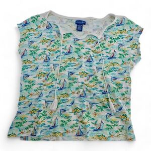 Caribbean Joe Women's Cap Sleeve Size Small Tassel Sailboat Blue & Green Top